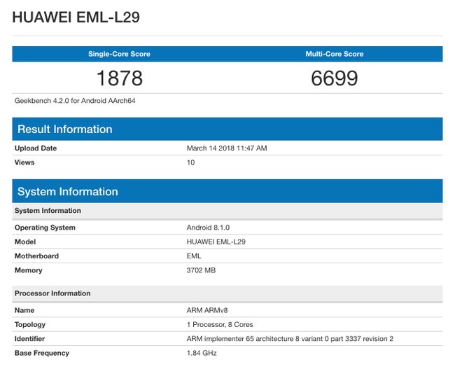 Смартфон Huawei P20 / Geekbench