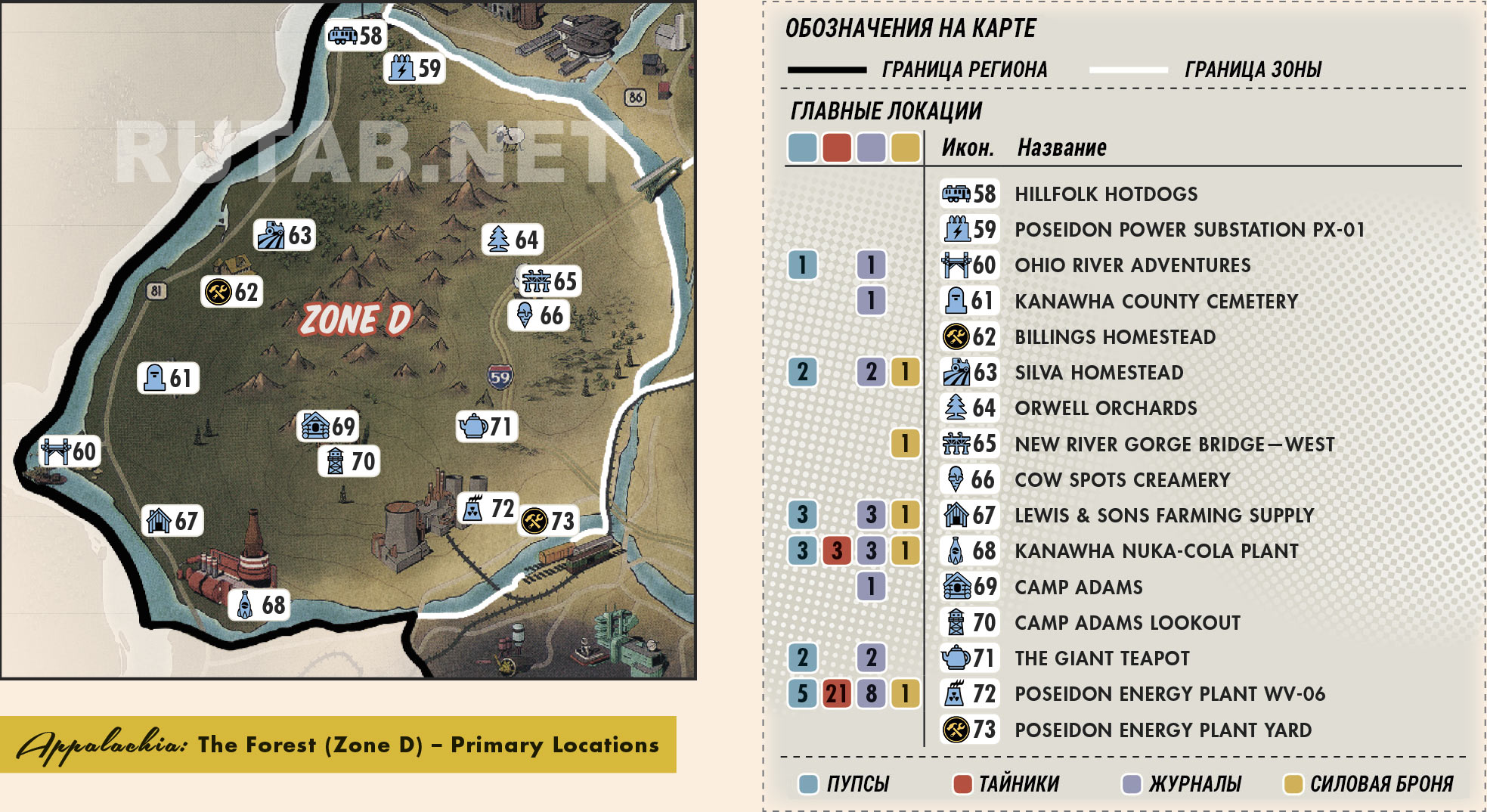 Карта региона Лес Зона D Главные локации / Fallout 76. rutab.net. 