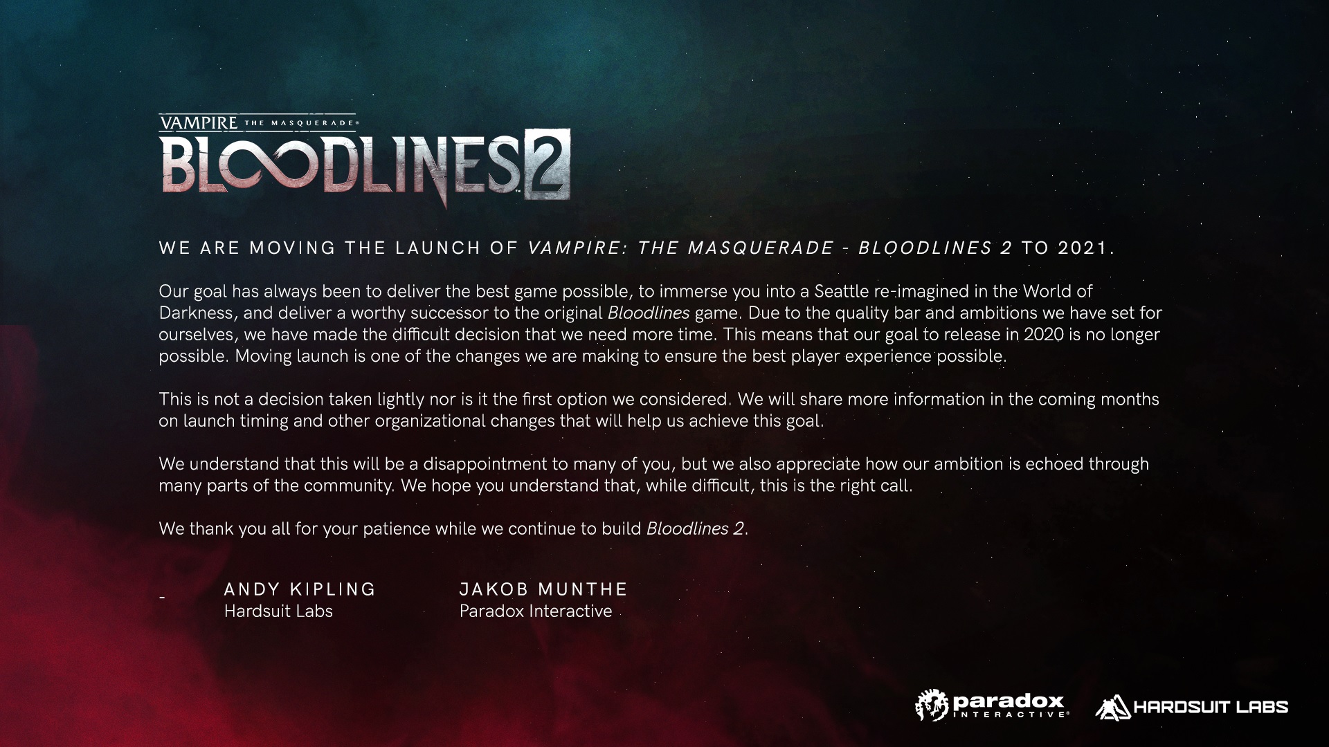 Vampire: The Masquerade Bloodlines 2 перенесена на 2021 год