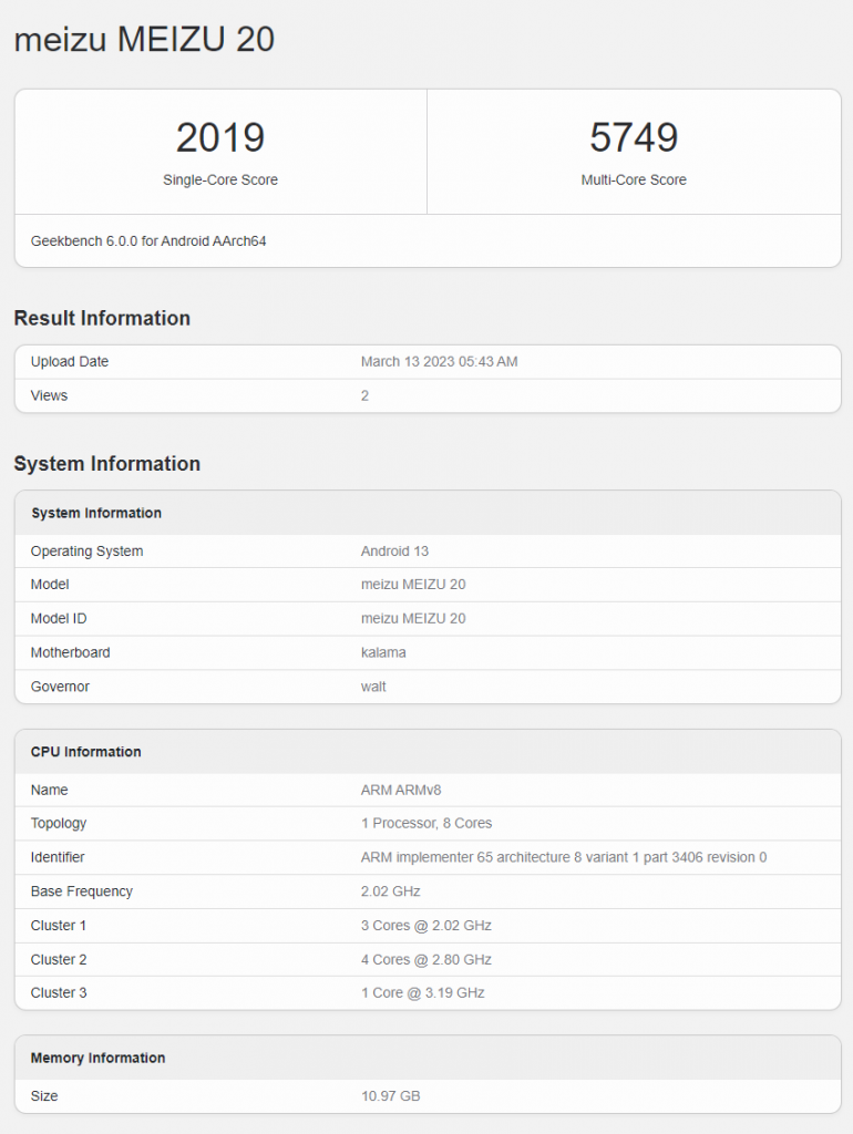 Смартфоны Meizu 20 и 20 Pro замечены в Geekbench с чипом Snapdragon 8 Gen 2