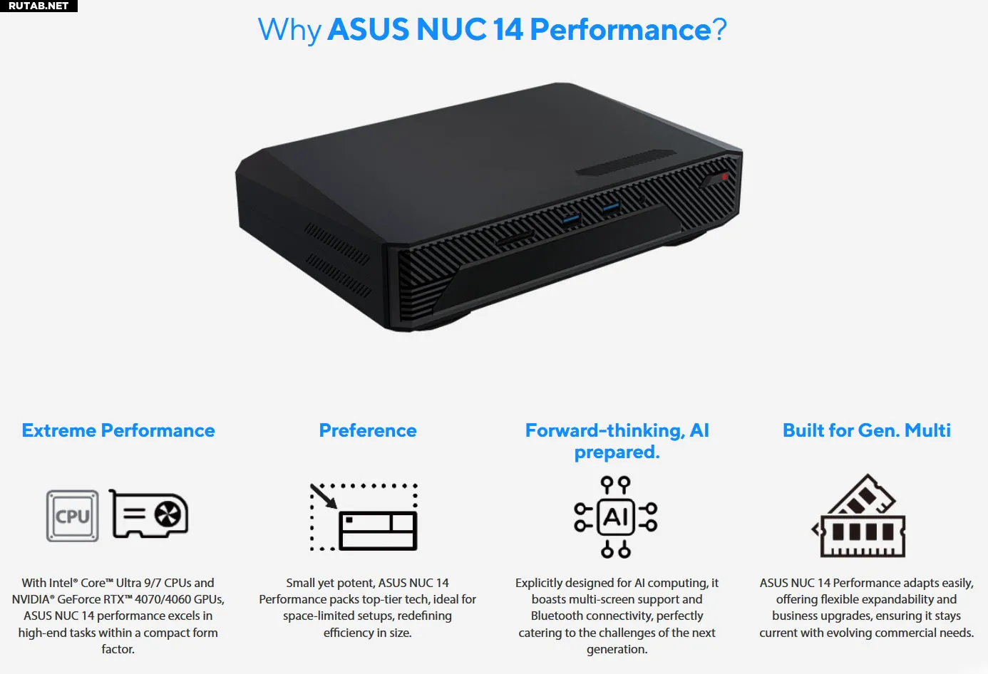 Выпущен мини-ПК Asus NUC 14 Performance, который очень похож на ROG NUC в  сером костюме