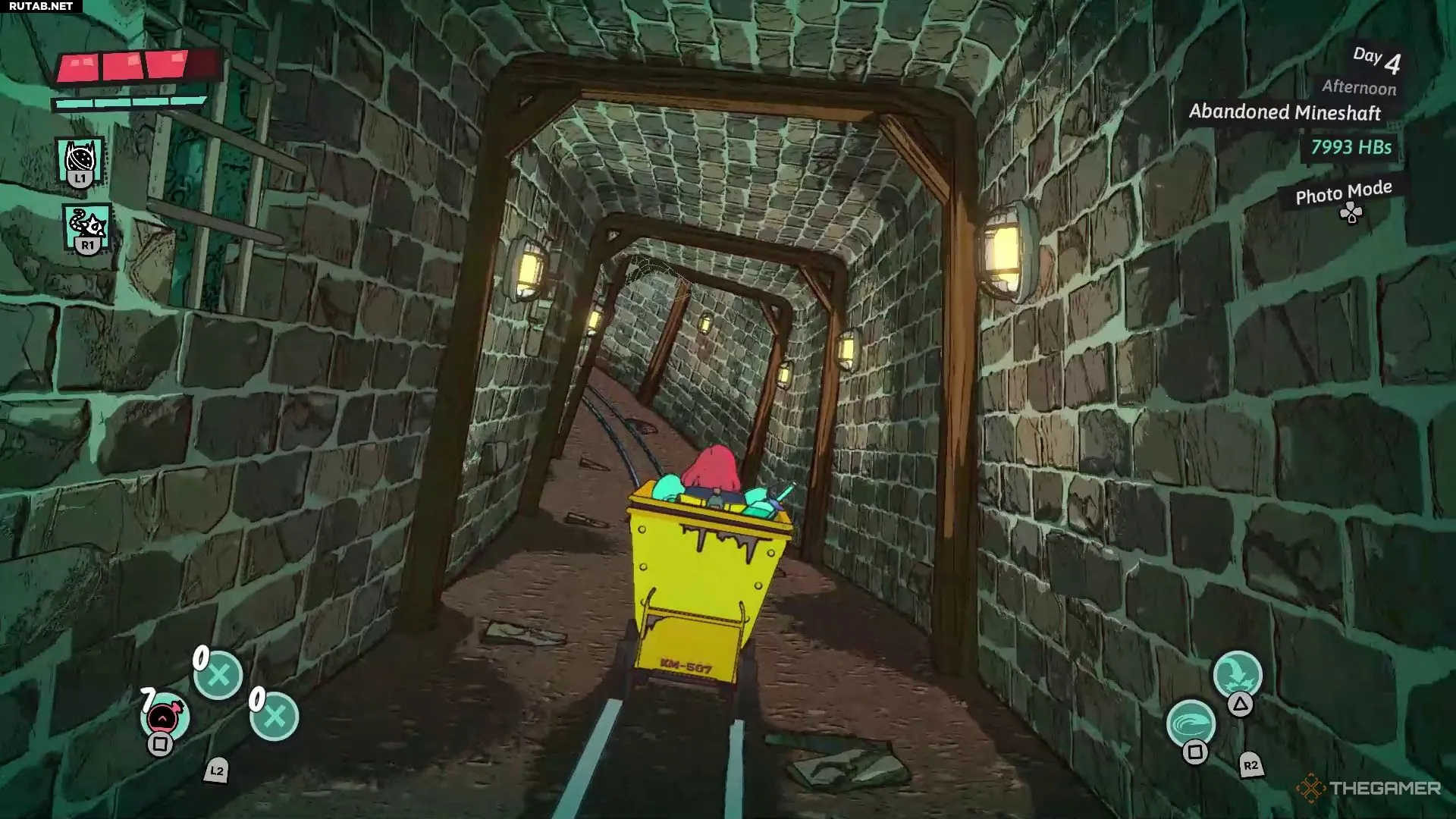 Luisa riding a yellow minecart in a tunnel in Dungeons of Hinterberg.