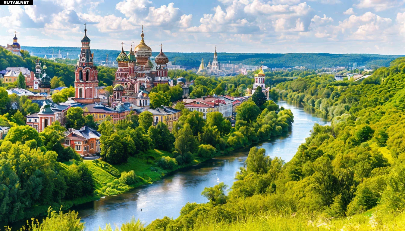 Живописный российский пейзаж с городом на берегу реки, окруженный зелеными холмами и старинной архитектурой. Теплый солнечный свет, уютные улочки, купола церквей вдали. Туристическая атмосфера, рюкзаки и фотоаппараты.