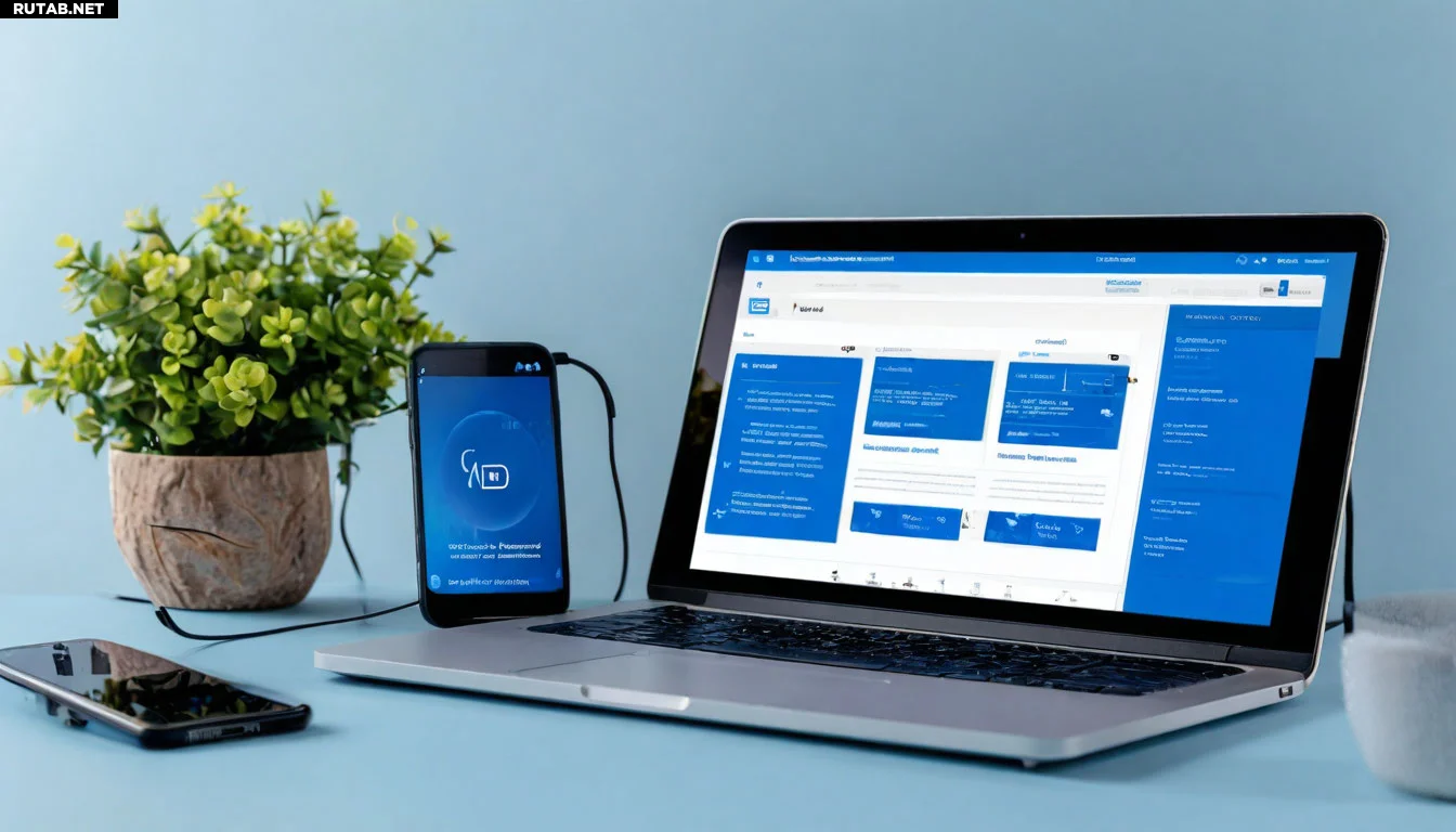 Ноутбук с включенным Bluetooth, рядом беспроводные наушники и телефон. На экране ноутбука окно с настройками устройств, выделена вкладка Bluetooth. Светло-голубой фон, минималистичный стиль.