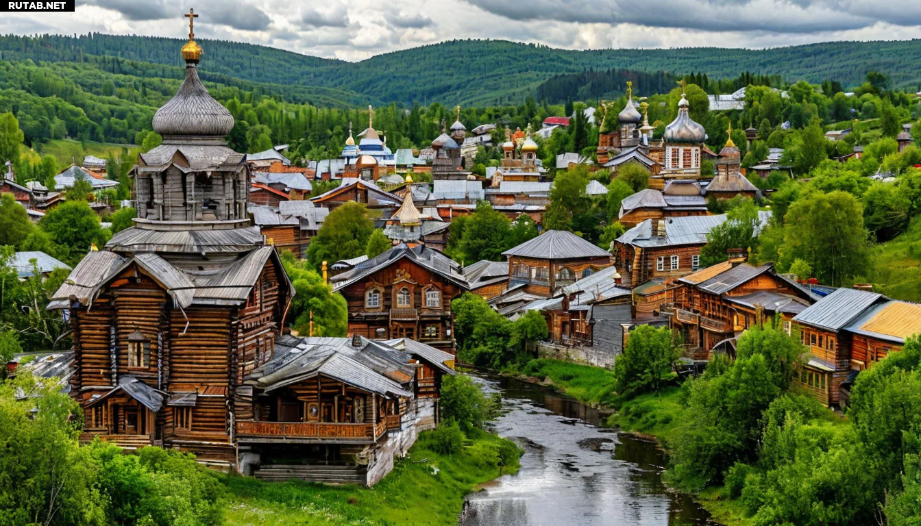 Живописный российский город с деревянными домами, куполами церквей и рекой на фоне зелёных холмов. Тёплая атмосфера старинного уюта с элементами традиционной архитектуры.