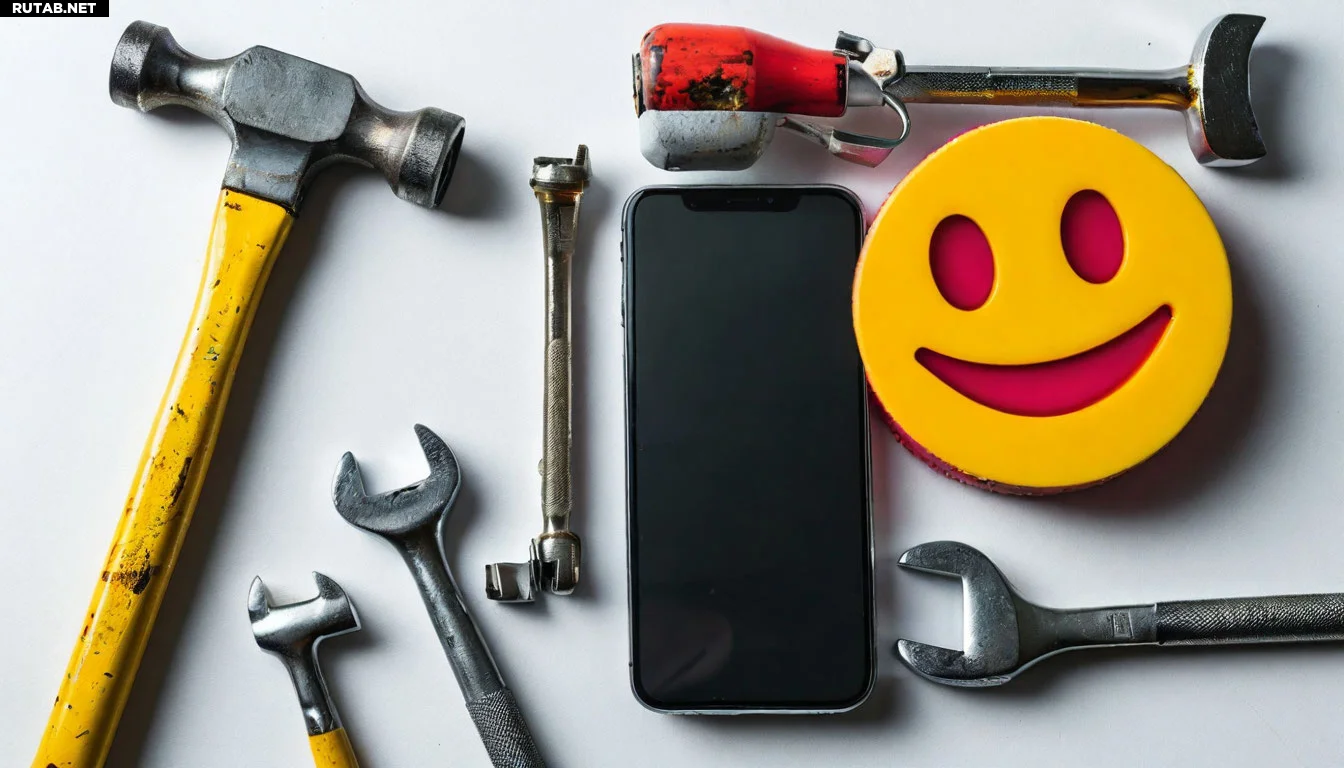 iPhone с красным перечеркнутым микрофоном на фоне грустного смайлика. Рядом гаечный ключ и молоток как символы ремонта. Простой минималистичный стиль, светлый фон.