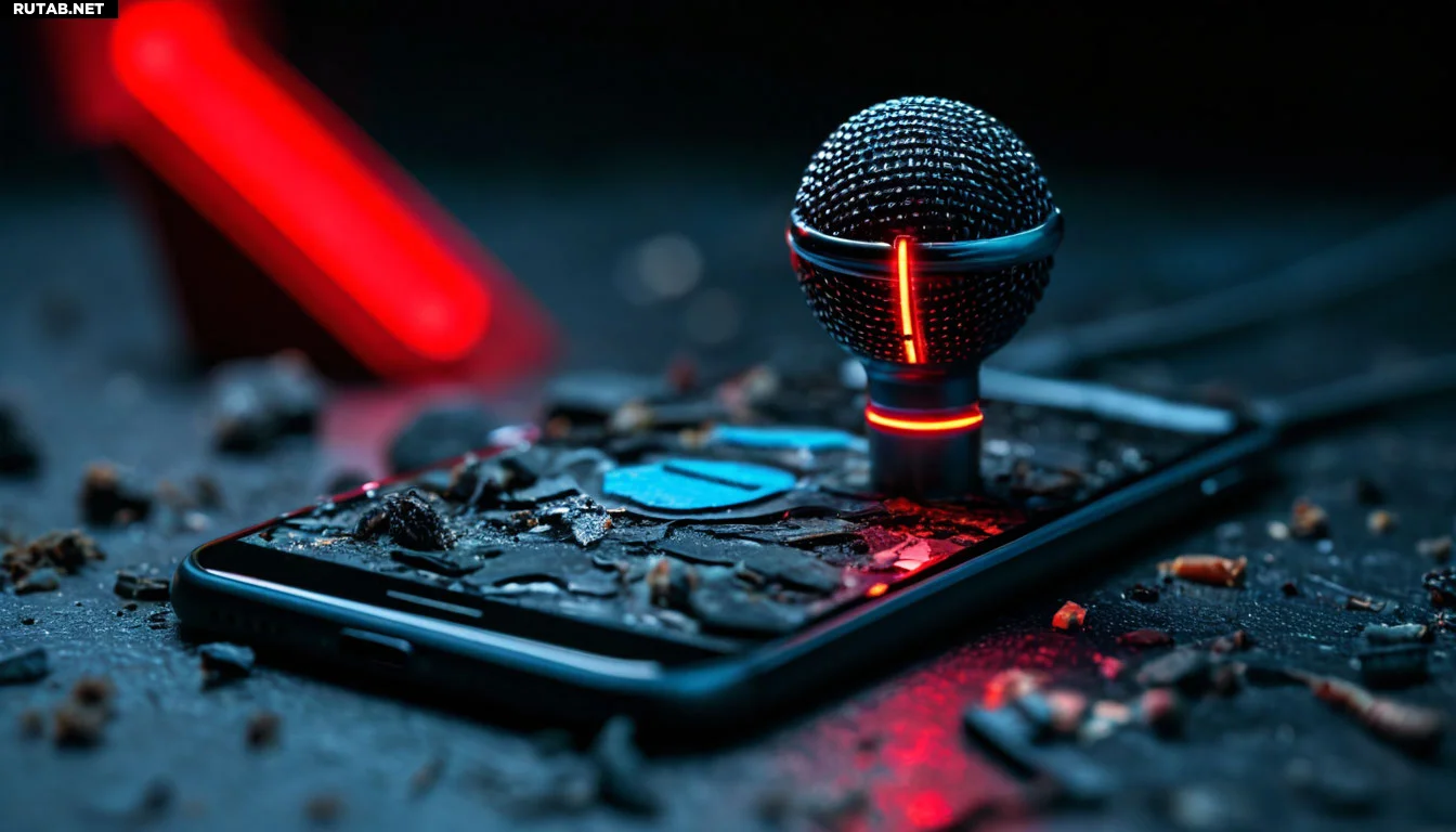 Сломанный микрофон iPhone на черном фоне, крупным планом. Рядом значок запрета и восклицательный знак. Стиль: минимализм, четкие линии, синий и красный акценты.