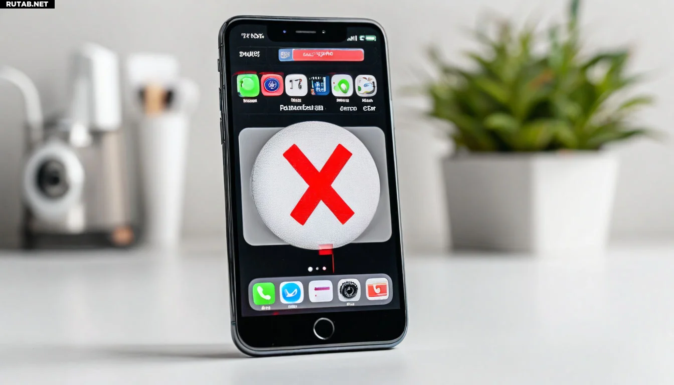 iPhone с красным перечеркнутым микрофоном на экране, простые иконки решений: перезагрузка, проверка грязи, настройки. Минималистичный стиль, светлый фон.