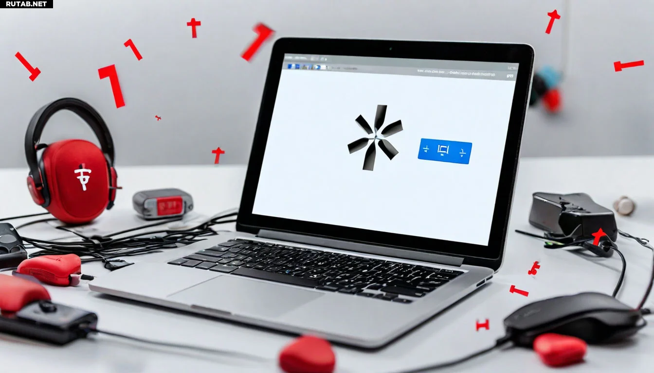 Ноутбук с Windows, на экране значок Bluetooth серого цвета, рядом красный крестик. Вокруг ноутбука разбросаны беспроводные устройства (наушники, мышка, телефон) с восклицательными знаками. Фон нейтральный, светлый.