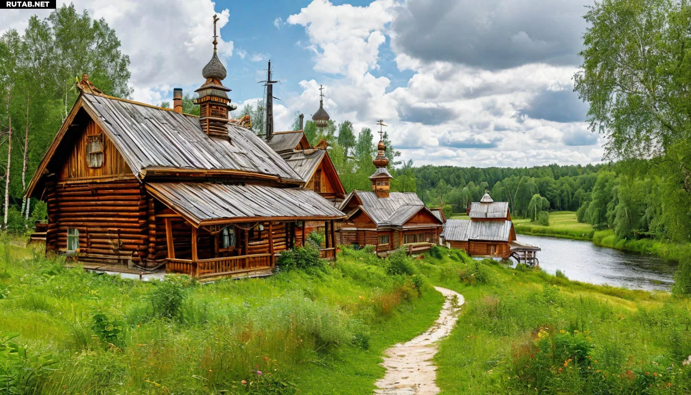 Живописный деревянный посёлок среди зелёных холмов, старинные избы с резными наличниками, тропинка к реке. Тёплая атмосфера русской глубинки, уют и спокойствие.