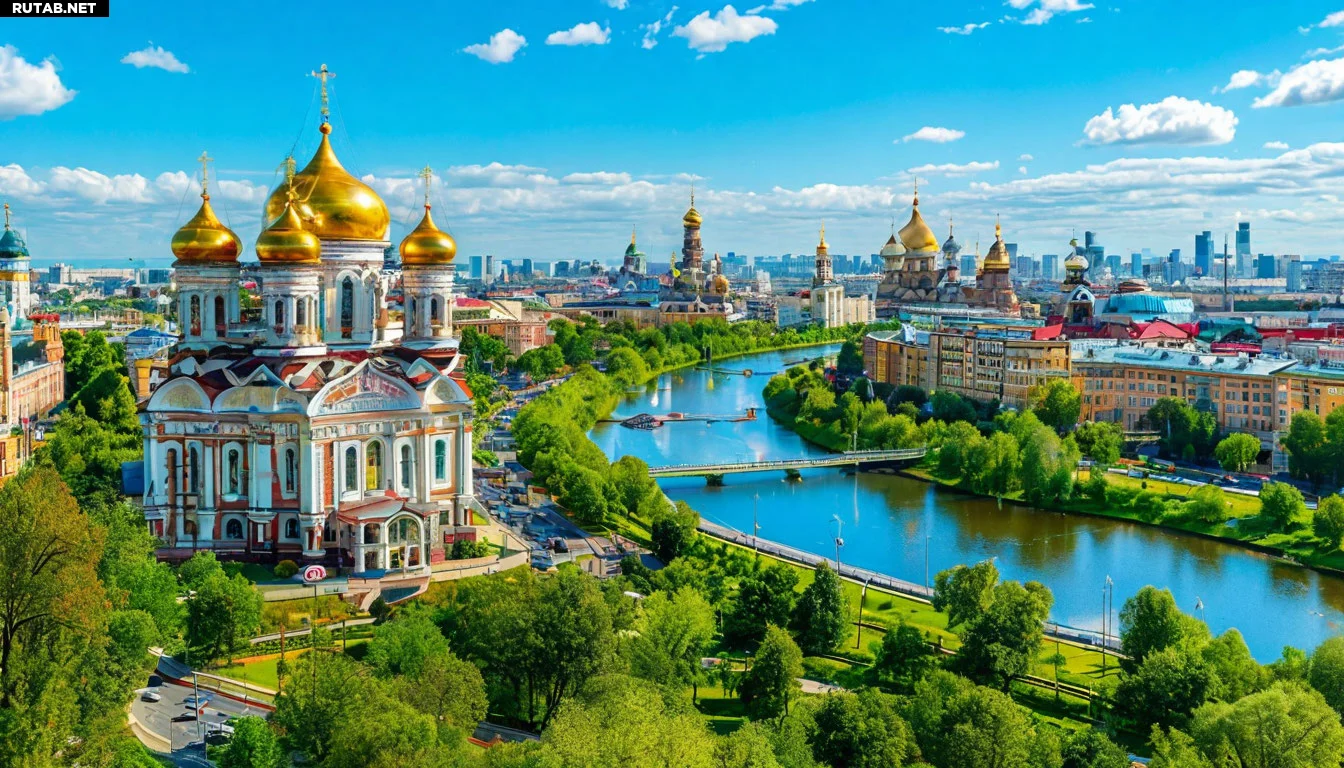 Панорама крупного российского города с рекой, мостами и современными зданиями, золотые купола церквей на фоне голубого неба, зелёные парки, оживлённые улицы, стильный урбанистический пейзаж