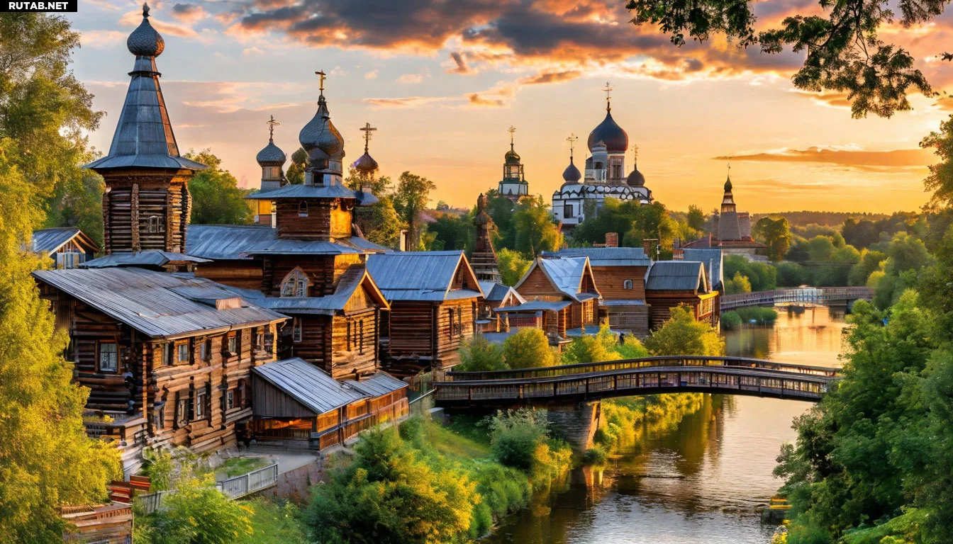 Панорама старинного русского города с рекой, деревянными домами и церковными куполами на фоне золотого заката. Уютные улочки, мост через реку, зелень деревьев. Атмосфера спокойствия и истории.
