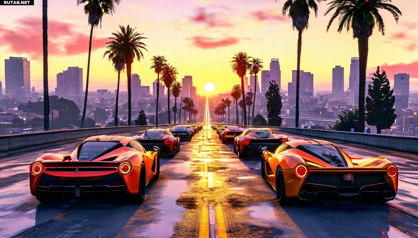 Городской пейзаж Лос-Сантоса, дорога с разными автомобилями GTA Online: спорткары, внедорожники, роскошные седаны. Яркие цвета, динамичная атмосфера игры, закатное небо. Вид от третьего лица, как в игре.