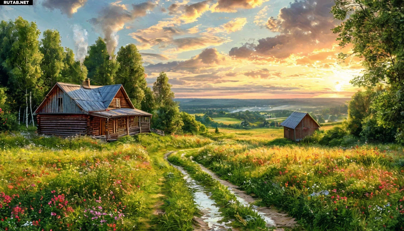 Уютный деревенский пейзаж с деревянными домами, окружёнными зелёными полями и лесом. Тёплая атмосфера русской глубинки с дымком из печных труб и тропинкой, ведущей к реке. Мягкий свет заката.