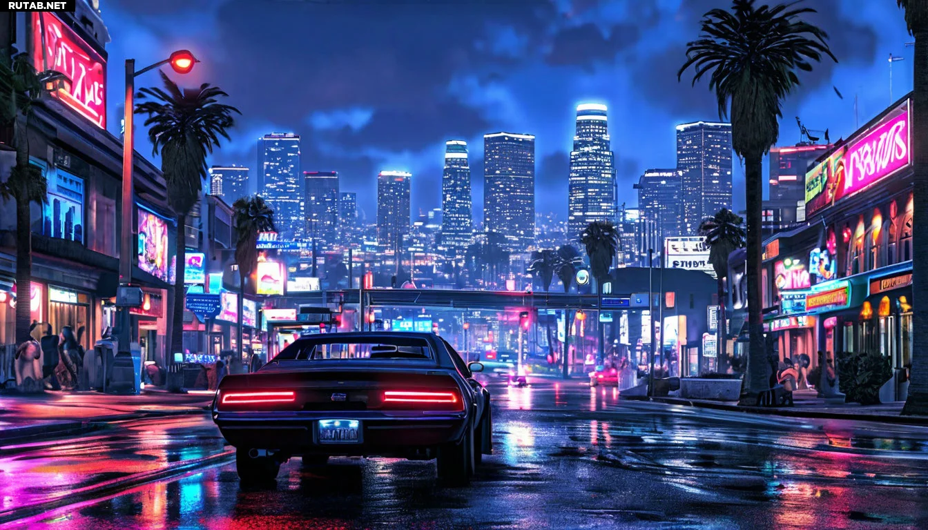 Город Лос-Сантос ночью, силуэт игрока GTA 5 с оружием на фоне неоновых огней, динамичная сцена погони на машине, атмосфера экшена и напряжения