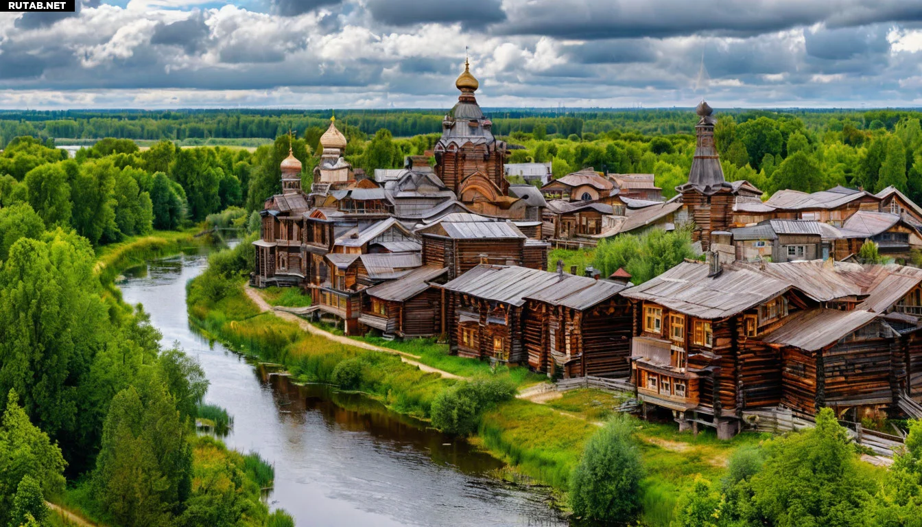 Живописный российский город с деревянными домами и церквями, окружённый лесами и рекой. Тёплая атмосфера старины и уюта.