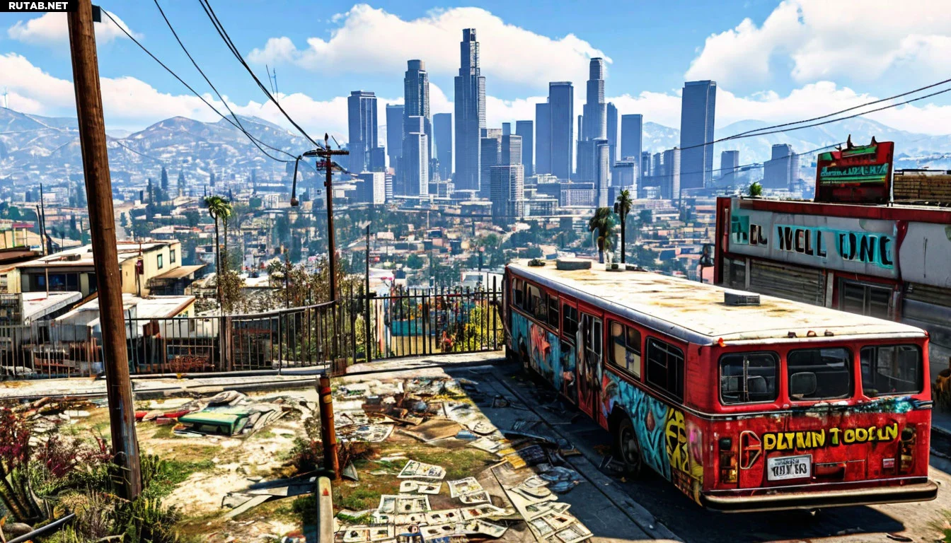 Город Лос-Сантос в GTA 5 Online, вид с высоты, дороги, машины, небоскребы. Персонаж в начале игры стоит у дешевого гаража с первой машиной, рядом значки миссий и денежные купюры. Яркие цвета, стиль игры.