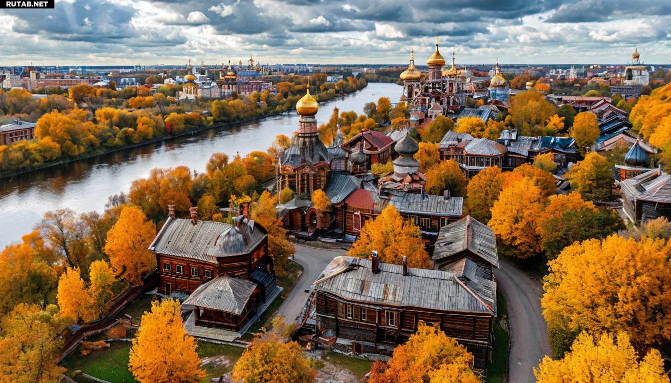 Панорама старинного русского города с куполами церквей, деревянными домами и рекой. Тёплая осенняя атмосфера, золотая листва, уютные улочки. Вид с высоты птичьего полёта.