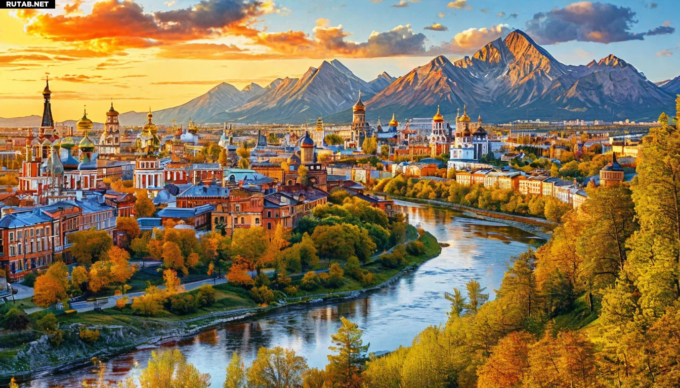 Живописный пейзаж с российскими городами, реками и природными достопримечательностями на фоне золотого заката. Архитектурные памятники, горные вершины и водные просторы, символизирующие разнообразие мест на букву