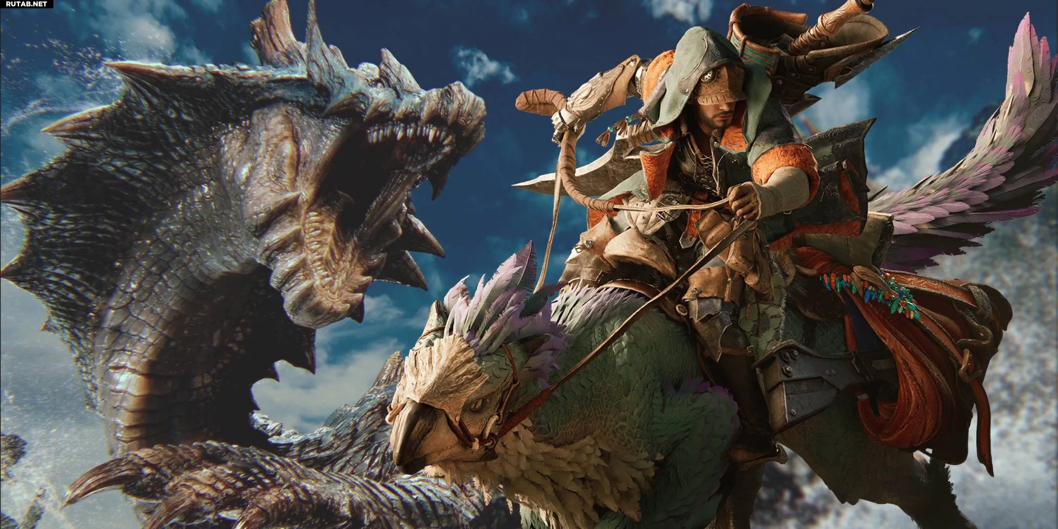 Monster Hunter Wilds hunter character on back of Seikret mount fleeing from Lagiacrus monster