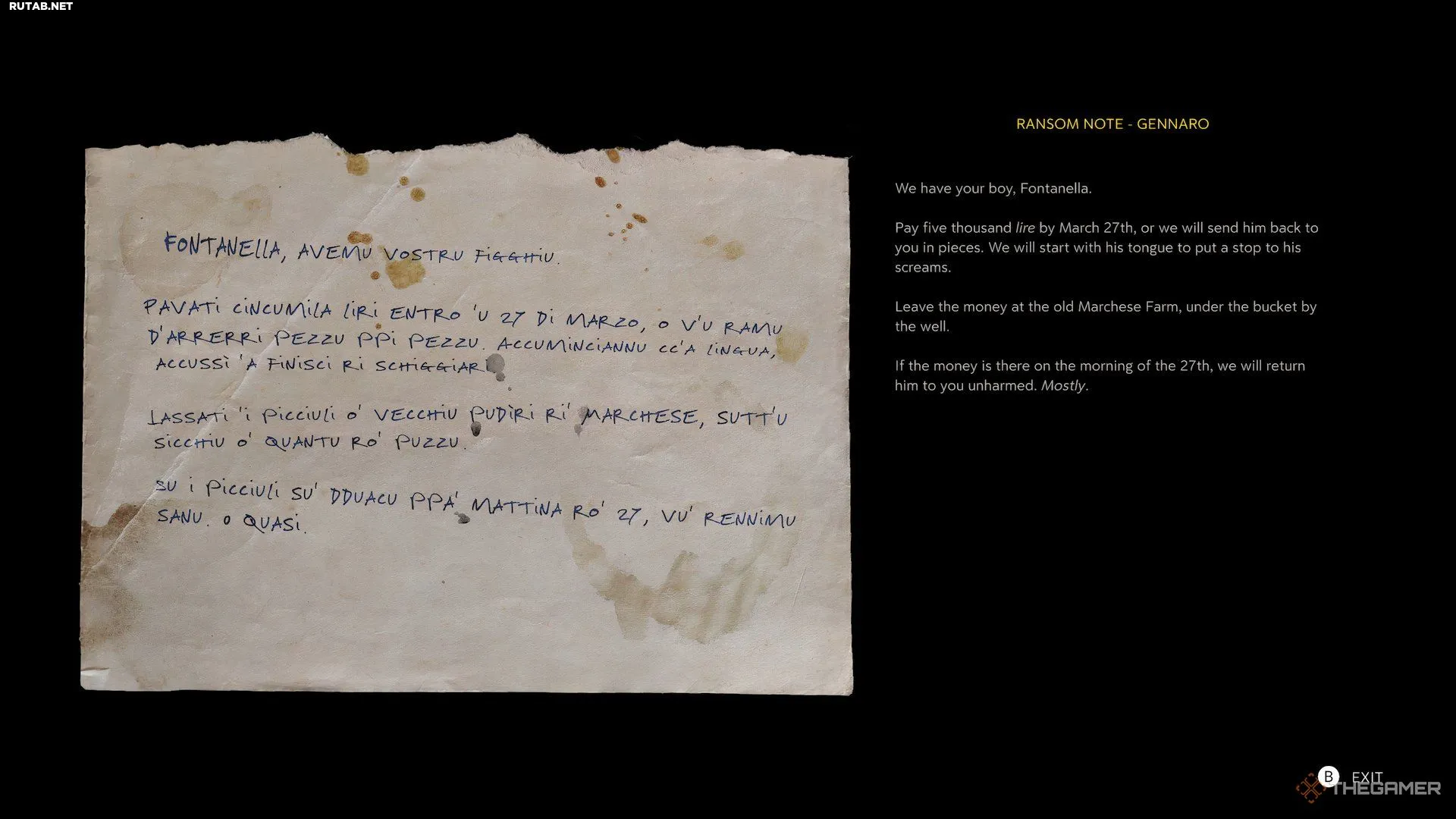 Записка о выкупе в Mafia: Историческая родина