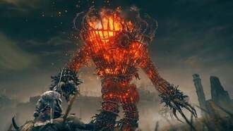 Большой огненный голем, которого вы видите в начале дополнения Elden Ring, имеет две слабости