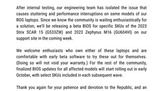 ASUS выпустила обновления BIOS для игровых ноутбуков 2023 года, устраняющие подтормаживания